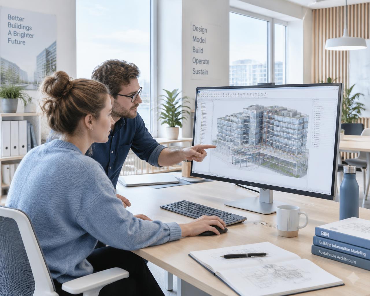 BIM professionals reviewing a building model in a bright office